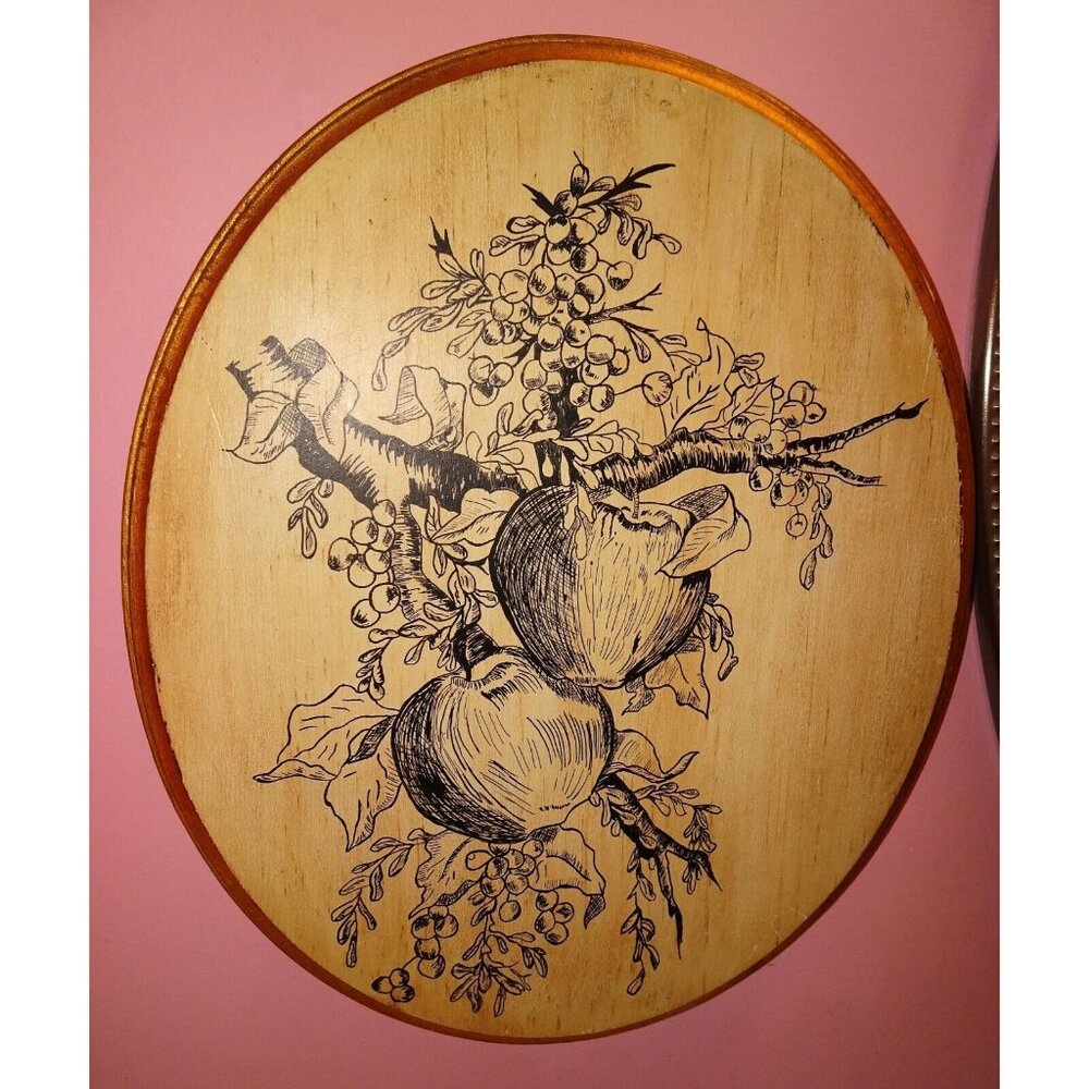 Vintage Hand Drawn Apples Berries & Leaves Wall Hanging on Wood farmhouse decor